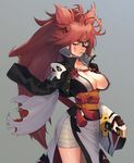  ahoge amputee baiken breasts cleavage eyepatch facial_mark facial_tattoo grey_background guilty_gear guilty_gear_xrd half-closed_eyes highres jacket_on_shoulders japanese_clothes k1_(erin22) katana kimono large_breasts leaf long_hair pink_hair pointy_hair ponytail red_eyes sarashi sash scar scar_across_eye sheath sheathed simple_background solo stalk_in_mouth sword tattoo torn_sleeve very_long_hair weapon 