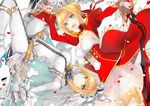  :d absurdres ahoge arm_up blonde_hair bodysuit breasts cleavage dress eyebrows_visible_through_hair fate/extra fate/extra_ccc fate_(series) gloves green_eyes highres holding holding_sword holding_weapon kagachi_saku looking_at_viewer medium_breasts multiple_girls nero_claudius_(bride)_(fate) nero_claudius_(fate) nero_claudius_(fate)_(all) open_mouth panties red_dress school_uniform sidelocks smile sword tied_hair underwear weapon white_gloves white_panties 