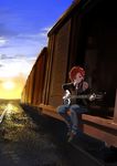  acoustic_guitar bare_shoulders blue_eyes commentary denim dobro_guitar facepaint ground_vehicle guitar idolmaster idolmaster_million_live! instrument jeans julia_(idolmaster) looking_to_the_side pants railroad_tracks red_hair shoes short_hair smile solo sporogum sunset tank_top train 