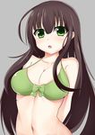  :o bangs bikini blush bow_bikini breasts brown_hair cleavage collarbone commentary_request eyebrows_visible_through_hair gochuumon_wa_usagi_desu_ka? green_bikini green_eyes grey_background hair_between_eyes highres large_breasts long_hair looking_at_viewer navel open_mouth sidelocks simple_background solo stomach straight_hair swimsuit ujimatsu_chiya upper_body very_long_hair zatu 