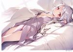  absurdres bangs bed bed_sheet blush breasts day dress dutch_angle eyebrows_visible_through_hair highres indoors jacket ke-ta kishin_sagume looking_at_viewer looking_to_the_side lying nipples no_bra no_panties on_back on_bed one_breast_out open_clothes open_dress open_jacket pillow purple_dress red_eyes scan short_dress short_hair silver_hair sleeping small_breasts solo sunlight swept_bangs tareme thighs touhou white_jacket 