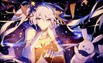  black_ribbon blue_eyes bunny chin_rest choker constellation_print eyebrows_visible_through_hair floating_hair gloves hair_between_eyes hair_ornament hair_ribbon hairclip hatsune_miku highres holding lococo:p long_hair looking_at_viewer ribbon ribbon_choker silver_hair smile solo star star_hair_ornament star_night_snow_(vocaloid) twintails very_long_hair vocaloid yuki_miku 