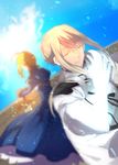  1girl ahoge airgetlam_(fate) artoria_pendragon_(all) bedivere blonde_hair blue_dress blurry cape closed_eyes creat day depth_of_field dress dutch_angle excalibur eye_beam fate/stay_night fate_(series) highres holding holding_sword holding_weapon long_hair saber side_ponytail sidelocks sky smile standing sword weapon 