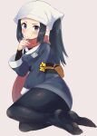  1girl akari_(pokemon) black_hair black_legwear black_sash black_shirt blue_eyes blush closed_mouth commentary eyelashes full_body grey_jacket grey_skirt head_scarf highres jacket long_hair looking_at_viewer pantyhose penguin_maru_(penginmaru) pokemon pokemon_(game) pokemon_legends:_arceus ponytail red_scarf sash scarf shiny shiny_clothes shirt sidelocks skirt solo sweatdrop white_headwear 