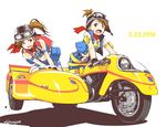  artist_name brown_eyes brown_hair commentary dated fingerless_gloves futami_ami futami_mami gloves goggles goggles_on_headwear ground_vehicle helmet idolmaster idolmaster_(classic) midriff motor_vehicle motorcycle motorcycle_helmet multiple_girls navel shadow short_hair side_ponytail sidecar sleeveless_jacket sporogum white_background 