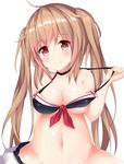  akiori_koromo bikini breasts brown_eyes collar kantai_collection light_brown_hair long_hair looking_at_viewer medium_breasts murasame_(kantai_collection) skirt skirt_around_one_leg solo spread_legs swimsuit twintails white_background 