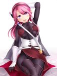  armor bracer breastplate breasts cape commentary_request crossed_legs dagger gloves hand_in_hair highres hilt leg_armor long_hair long_sleeves looking_at_viewer medium_breasts neit_ni_sei open_mouth original pink_eyes pink_hair pointy_ears sitting smile solo teeth weapon white_background 