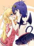  2girls aqua_eyes back bare_shoulders blonde_hair blue_eyes blue_hair blush demon_girl demon_horns demon_tail demon_wings finger_to_another's_mouth forehead-to-forehead frown gabriel_dropout hair_ornament hallelujah_essaim hand_on_another's_face horns imminent_kiss jacket long_hair md5_mismatch messy_hair miniskirt multiple_girls open_mouth parted_lips profile sazanka short_hair skirt strapless tail tenma_gabriel_white track_jacket tsukinose_vignette_april tubetop wings x_hair_ornament you_gonna_get_raped yuri 