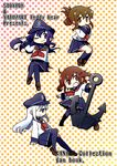  akatsuki_(kantai_collection) anchor anchor_symbol black_legwear blue_eyes brown_hair comic cover cover_page covering_mouth crossed_legs doujin_cover fang fingers_together flat_cap folded_ponytail hair_between_eyes hair_ornament hair_over_one_eye hairclip hand_on_leg hand_over_own_mouth hat hibiki_(kantai_collection) highres hinoki_bayashi ikazuchi_(kantai_collection) inazuma_(kantai_collection) kantai_collection kneehighs loafers long_hair midriff_peek multiple_girls neckerchief one_eye_closed open_mouth pantyhose pleated_skirt purple_eyes purple_hair red_neckwear school_uniform serafuku shoes short_hair silver_hair skirt smile thighhighs 