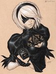  artist_name black_dress black_gloves black_hairband blindfold breasts cleavage_cutout colored_pencil_(medium) covered_eyes cube dated dress facing_viewer gloves hairband highres juliet_sleeves long_sleeves michelle_hoefener mole mole_under_mouth multiple_monochrome nier_(series) nier_automata nose parted_lips patreon_logo puffy_sleeves realistic short_hair signature small_breasts smile solo tan_background traditional_media upper_body watermark web_address yorha_no._2_type_b 
