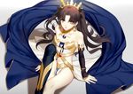  arm_support asymmetrical_legwear black_hair black_legwear black_ribbon breasts cleavage collarbone detached_sleeves earrings fate/grand_order fate_(series) grey_background hair_ornament hair_ribbon inanome_me ishtar_(fate/grand_order) jewelry long_hair long_legs looking_at_viewer midriff navel parted_lips red_eyes ribbon signature sitting small_breasts solo stomach strapless thighhighs two_side_up very_long_hair 