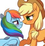  2017 applejack_(mlp) blonde_hair blue_feathers blush cowboy_hat duo earth_pony equine eye_contact feathered_wings feathers female feral friendship_is_magic green_eyes hair hat horse long_hair mammal momomistress multicolored_hair my_little_pony pegasus pink_eyes pony rainbow_dash_(mlp) rainbow_hair simple_background smile white_background wings 