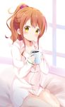  :o bangs bed_sheet blush breasts coffee coffee_mug collared_shirt cup eromanga_sensei eyebrows_visible_through_hair highres jinno_megumi looking_at_viewer mug nagomi_yayado on_bed open_mouth orange_hair ponytail scrunchie seiza shirt sitting small_breasts solo sweatdrop unbuttoned unbuttoned_shirt window yellow_eyes 