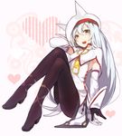  black_legwear blush detached_sleeves eyebrows_visible_through_hair hat high_heels highres hitoshi holly long_hair looking_at_viewer open_mouth original pantyhose red_eyes silver_hair sitting smile solo white_hat zipper 