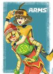  ahoge arms_(game) bangs beanie bike_shorts blonde_hair bodysuit breasts brown_hair carrying chinese_clothes facepaint food green_eyes hat kuruto. legwear_under_shorts mask mechanica_(arms) min_min_(arms) multiple_girls noodles piggyback purple_eyes short_hair shorts 