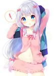  1girl :o blue_eyes blush bow bow_panties collarbone eromanga_sensei hair_bow highres izumi_sagiri long_hair long_sleeves looking_at_viewer low-tied_long_hair mafuyu_(chibi21) navel open_mouth panties parted_lips pink_bow pink_shirt pink_shorts revision shirt shorts silver_hair simple_background solo spoken_exclamation_mark twitter_username underwear very_long_hair white_background white_panties 