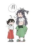  :d black_hair commentary_request folded_ponytail hair_between_eyes hair_ribbon hakama height_difference high_ponytail highres japanese_clothes jitome kantai_collection kasuga_maru_(kantai_collection) katsuragi_(kantai_collection) kimono long_hair midriff multiple_girls open_mouth ribbon sanpachishiki_(gyokusai-jima) shadow shoes short_sleeves simple_background smile sweatdrop translated white_background white_ribbon |_| 