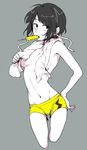  bisuko_(viskonthius) boku_no_hero_academia breasts covering covering_breasts cropped_legs earplugs food grey_background groin hand_on_hip highres jirou_kyouka monochrome navel no_bra popsicle protected_link short_hair short_shorts shorts sideboob simple_background small_breasts solo stomach topless towel yellow_shorts 