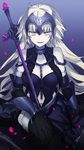  armor armored_boots black_gloves black_legwear blue_background boots breasts chibirisu collarbone eyebrows_visible_through_hair fate/grand_order fate_(series) gloves gradient gradient_background hair_ornament hand_on_own_knee highres jeanne_d'arc_(alter)_(fate) jeanne_d'arc_(fate)_(all) long_hair looking_at_viewer medium_breasts navel open_mouth petals silver_hair sitting smile solo stomach sword thighhighs very_long_hair weapon yellow_eyes 