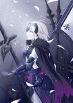  absurdres armor armored_dress banner black_cape breasts cape cleavage crazy_rin detached_sleeves eyebrows_visible_through_hair fate/grand_order fate_(series) from_side gloves grey_gloves hair_between_eyes hair_ornament highres jeanne_d'arc_(alter)_(fate) jeanne_d'arc_(fate)_(all) parted_lips petals sheath sheathed short_hair silver_hair small_breasts solo standing sword weapon yellow_eyes 
