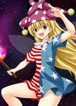  american_flag_dress bare_legs blonde_hair clownpiece dress fairy_wings fire hat highres jester_cap long_hair neck_ruff no_pants open_mouth polka_dot rappa_(rappaya) red_eyes short_dress short_sleeves sky smile solo star star_(sky) star_print starry_sky striped striped_dress torch touhou very_long_hair wings 