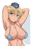  absurdres armpits arms_up bikini_top blonde_hair brave_witches breasts covered_nipples hat highres large_breasts looking_at_viewer navel short_hair solo tavor_(m_tavor) waltrud_krupinski world_witches_series yellow_eyes 