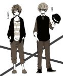  2boys anzu_(o6v6o) capri_pants collarbone collared_shirt full_body genderswap genderswap_(ftm) glasses greyscale gumiya hand_in_pocket hat hat_removed headphones headwear_removed holding holding_hat jacket long_sleeves male_focus megurine_luki monochrome multiple_boys pants shirt shoes sideways_glance standing striped striped_shirt vest vocaloid 