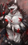  2017 abs anthro biceps blood canine clothing digital_media_(artwork) hi_res male mammal muscular muscular_male necktie pecs red_eyes scar solo tach8 tongue wolf 