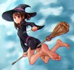  1girl asmo_deus barefoot blue_background blue_sky broom broom_riding brown_hair character_request dutch_angle feet flying holding_wand little_witch_academia long_hair looking_at_viewer red_eyes sky smile soles solo toes wand witch witch_hat wizard_hat 