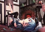  barefoot black_legwear blue_dress blue_eyes blue_hair breasts chair cleavage dated dress dressing fire indoors lee_(saraki) legs_up long_hair looking_at_viewer lying on_back original saraki signature single_thighhigh small_breasts solo thighhighs 