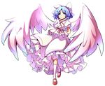  arms_behind_back baba_(baba_seimaijo) bangs blue_eyes blue_hair bow commentary_request frilled_skirt frills full_body hair_bow highres looking_at_viewer mai_(touhou) mary_janes neck_ribbon parted_bangs parted_lips puffy_short_sleeves puffy_sleeves red_ribbon ribbon shirt shoes short_hair short_sleeves skirt skirt_set socks solo standing tachi-e tareme touhou touhou_(pc-98) transparent_background white_bow white_legwear white_shirt white_skirt white_wings wings 