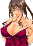  bare_shoulders breasts brown_hair cleavage copyright_request earrings highres jewelry large_breasts lips long_hair looking_at_viewer parted_lips pink_hair shigaoka shiny shiny_clothes shiny_skin simple_background solo strap_slip white_background 