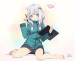  bare_legs barefoot blue_eyes blush bow bow_panties closed_mouth commentary_request dated drawing_tablet eromanga_sensei eyebrows_visible_through_hair full_body green_jacket hair_bow holding izumi_sagiri jacket long_hair looking_at_viewer no_pants panties pink_bow pink_panties polka_dot polka_dot_panties see-through sidelocks silver_hair sitting smile solo stylus thought_bubble underwear wariza yoshino_ryou 