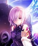  black_gloves breasts breasts_apart command_spell elbow_gloves eyebrows_visible_through_hair fate/grand_order fate_(series) gloves hair_over_one_eye holding_hands interlocked_fingers looking_at_viewer mash_kyrielight medium_breasts outdoors pink_hair purple_eyes ripodpotato shirt short_hair sky sleeveless smile tattoo white_shirt 