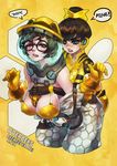  &gt;_&lt; absurdres alternate_costume b.va_(overwatch) beekeeper_mei between_breasts bikini_top black-framed_eyewear blush bow breasts brown_eyes brown_hair closed_eyes commentary covered_nipples cropped_legs d.va_(overwatch) glasses gloves grabbing grabbing_from_behind hair_bow hair_bun highres honeypot insect_wings jumpsuit large_breasts mei_(overwatch) monori_rogue multiple_girls one_eye_closed open_clothes overwatch pilot_suit round_eyewear short_hair small_breasts wings yellow_bow yellow_gloves 