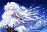  blue_background facial_mark floating_hair inuyasha long_hair male_focus petals pointy_ears sesshoumaru signature silver_hair solo sukja upper_body very_long_hair yellow_eyes 