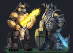  2017 abs anthro biceps canine clothed clothing digital_media_(artwork) fd-caro fur hi_res male mammal melee_weapon muscular muscular_male pecs sword weapon wolf 