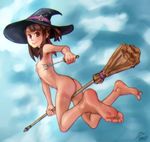  1girl asmo_deus barefoot blue_background blue_sky blunt_bangs broom broom_riding brown_hair character_request clouds copyright_request feet flying full_body holding_wand long_hair looking_at_viewer nipples nude red_eyes small_breasts smile soles solo toes wand witch witch_hat wizard_hat 