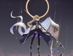  armor armored_dress banner black_legwear blonde_hair blue_eyes braid breasts breasts_apart eclipse eis fate/apocrypha fate_(series) full_body highres holding holding_sword holding_weapon jeanne_d'arc_(fate) jeanne_d'arc_(fate)_(all) long_hair looking_at_viewer medium_breasts reflecting_pool solo sword thighhighs very_long_hair weapon 