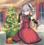  1girl :d black_gloves blush breasts choker christmas christmas_tree cleavage drawfag dress drill_hair elbow_gloves fingerless_gloves gift gloves grey_choker hand_up idolmaster indoors kanzaki_ranko open_mouth outstretched_hand red_dress small_breasts smile standing star twin_drills 