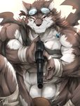  2017 abs anthro biceps canine clothed clothing eyewear fur glasses gun hi_res male mammal multicolored_fur muscular muscular_male necktie pecs ranged_weapon red_eyes scar simple_background tach8 underwear weapon wolf 