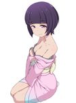  bangs bare_shoulders blunt_bangs blush bob_cut breasts cleavage closed_mouth collarbone crossed_arms eromanga_sensei eyebrows_visible_through_hair half-closed_eyes highres japanese_clothes kimono long_sleeves looking_at_viewer medium_breasts off_shoulder purple_eyes purple_hair seiza senju_muramasa short_hair simple_background sitting solo takeda_yukimura tears wavy_mouth white_background wide_sleeves 