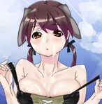  animal_ears breasts brown_eyes brown_hair cum cum_on_body cum_on_breasts cum_on_upper_body facial gertrud_barkhorn hair_ribbon highres large_breasts long_hair nipples paya! ribbon solo strike_witches swimsuit twintails undressing upper_body world_witches_series 