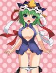  blue_eyes bottomless breasts gats green_hair hat medium_breasts nipple_slip nipples no_bra no_pussy open_clothes open_shirt panties panty_pull pussy_juice shiki_eiki shirt solo touhou unbuttoned underwear 