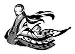  greyscale japanese_clothes ken_(koala) kimono long_hair long_sleeves looking_at_viewer monochrome obi original sash simple_background sitting solo very_long_hair white_background wide_sleeves 