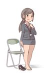  1girl artist_request barefoot black_shoes black_skirt brown_hair chair character_request closed_mouth copyright_request feet full_body green_eyes high_heels lipstick miniskirt office_lady ponytail shadow shoes_removed simple_background solo standing toes white_background 