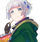  bangs blue_eyes blunt_bangs bob_cut brown_gloves chips cloak commentary_request crumbs eating food food_on_face fuji_fujino gloves hair_ornament hood hooded_cloak looking_back meteora_osterreich potato_chips re:creators short_hair silver_hair solo upper_body white_background 
