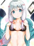  aqua_eyes arms_at_sides bangs bikini black_bikini blush bow breasts closed_mouth collarbone commentary_request eromanga_sensei gradient_hair hair_bow hands_on_own_chest hands_up highres izumi_sagiri jacket long_hair looking_at_viewer low-tied_long_hair medium_breasts multicolored_hair na53 navel pink_bow purple_hair silver_hair solo stylus swimsuit tablet tareme upper_body 