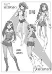  boots earrings greyscale hair_ornament headband highres jewelry knee_boots long_hair looking_at_viewer looking_back miniskirt monochrome moriguchi_nao_(naonao) multiple_girls original pantyhose short_hair short_shorts shorts skirt smile standing 