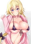  bangs bikini bikini_top black_bikini blonde_hair blue_eyes blush bow braid breasts cleavage collarbone fate/apocrypha fate_(series) front-tie_bikini front-tie_top hair_between_eyes hair_bow hand_up highres jacket jeanne_d'arc_(fate) jeanne_d'arc_(fate)_(all) large_breasts long_braid long_hair looking_at_viewer navel open_clothes open_jacket pink_jacket sankakusui shiny shiny_skin single_braid skindentation smile solo swimsuit very_long_hair 